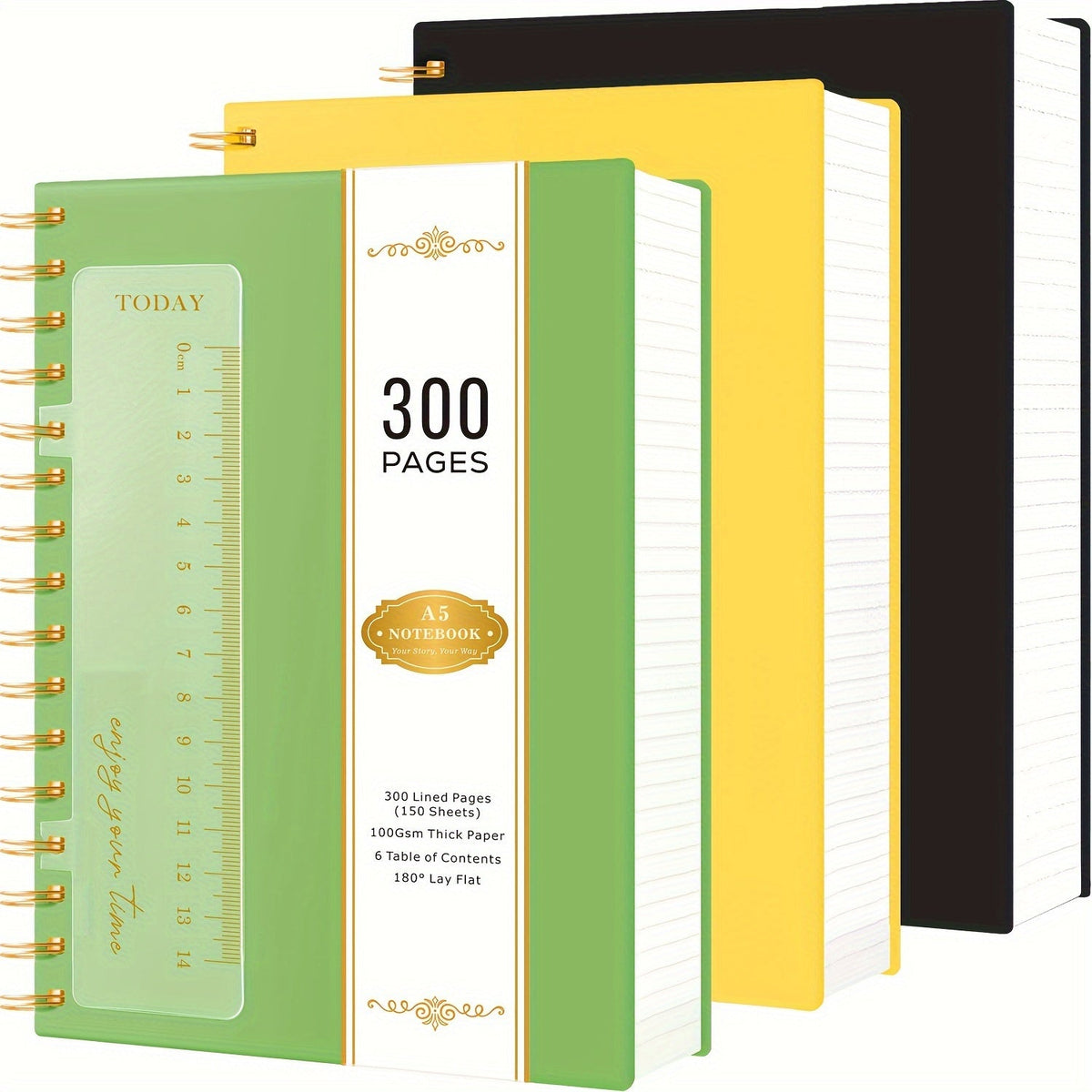 Spiral Notebook 3 Pack A5 Hardcover College Ruled 300 Pages 100GSM Thick Paper PVC Cover Notepad Set for Women Girls Students School Office Journaling 5.7x8.4 with Built-In Ruler