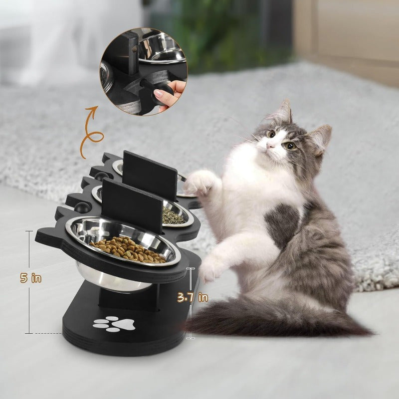 Elevated Cat Bowl Stand 15 Degree Tilted Stainless Steel Bowls Raised Feeder Cats Small Dogs Anti-Spill Black Wooden Base Set of 2 or 3 Bowls Food Water Ergonomic Posture