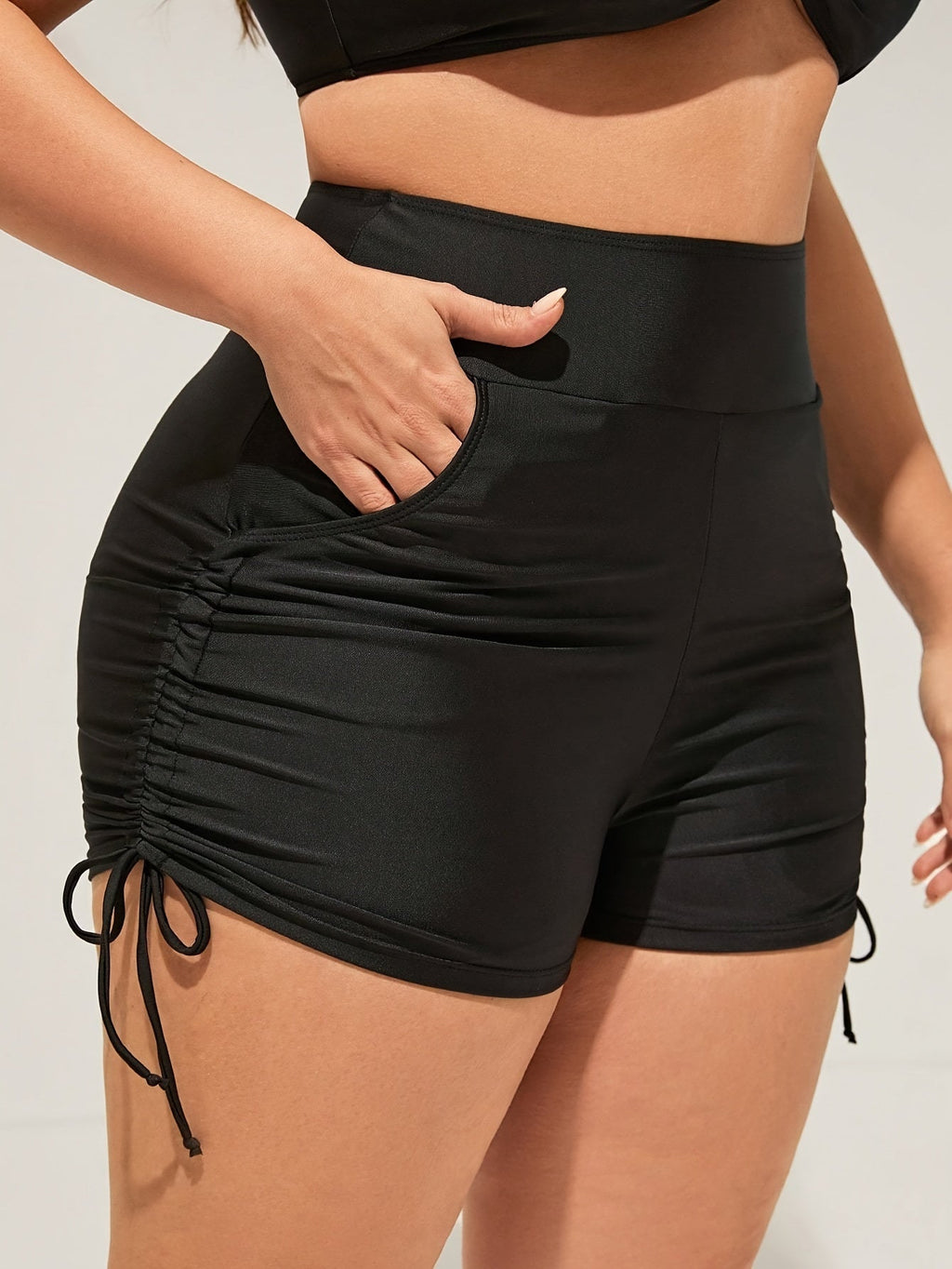 Women's Plus Size High-Waisted Swim Shorts Retro Stretchy Drawstring Pockets Machine Washable Beach Pool Swimwear Bottoms 0XL 1XL 2XL 3XL 4XL Black