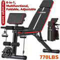 Foldable 6-in-1 Adjustable Weight Bench 770 LBS Home Gym – Flat Incline Decline Strength Training with Resistance Bands Preacher Curl Pad & Leg Developer for Full Body Workouts