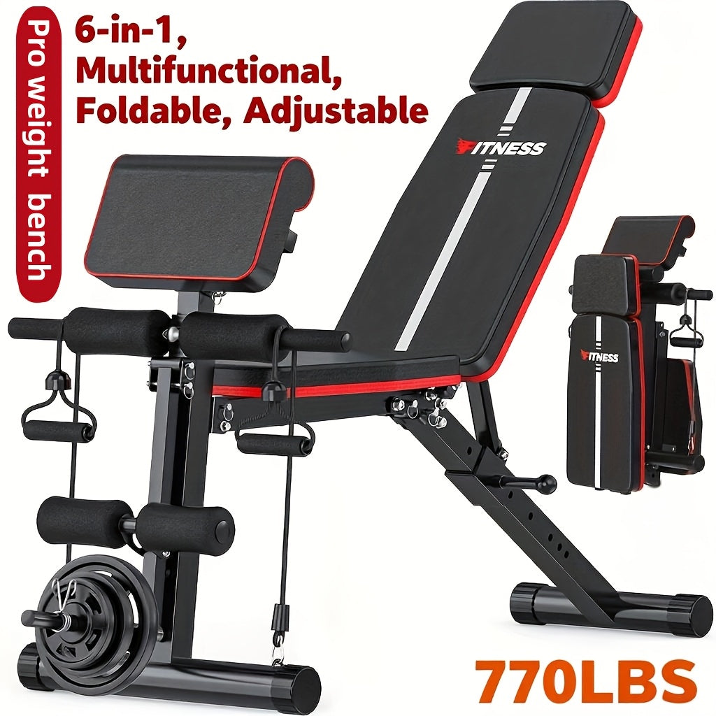 Foldable 6-in-1 Adjustable Weight Bench 770 LBS Home Gym – Flat Incline Decline Strength Training with Resistance Bands Preacher Curl Pad & Leg Developer for Full Body Workouts