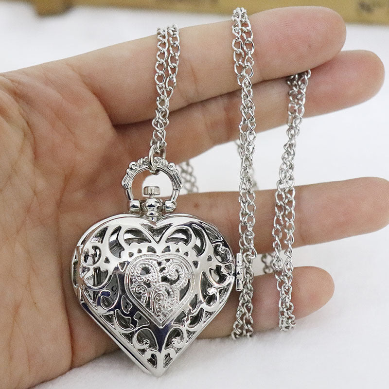 Heart Shaped Pocket Watch Necklace for Women Vintage – Romantic Hollow Quartz Pendant Sweater Chain Silver Tone Retro Jewelry, Perfect Mother's Day Valentine's Birthday Gift for Her