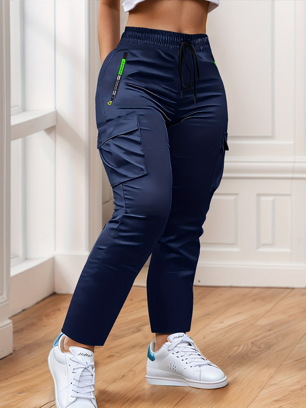 Multi-Pocket Cargo Pants Women Neon Green Zipper Accents Drawstring Waist Full-Length Outdoor Travel Trousers 4 Colors XS-XXL Streetwear