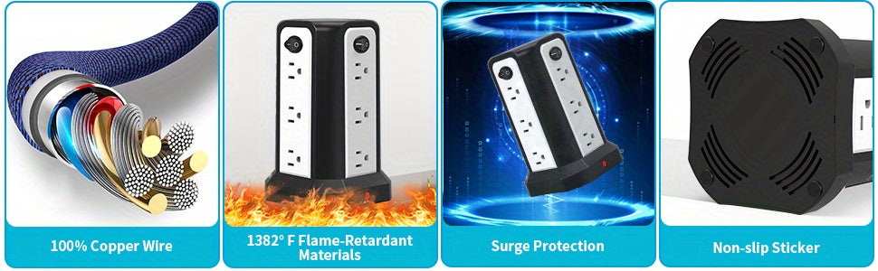 Tower Surge Protector Power Strip 12 Outlets 5 USB Ports PD 18W USB-C Fast Charging 10FT Extension Cord 1800J Surge Protection 4 Independent Switches Home Office Desk Dorm Room Vertical Design