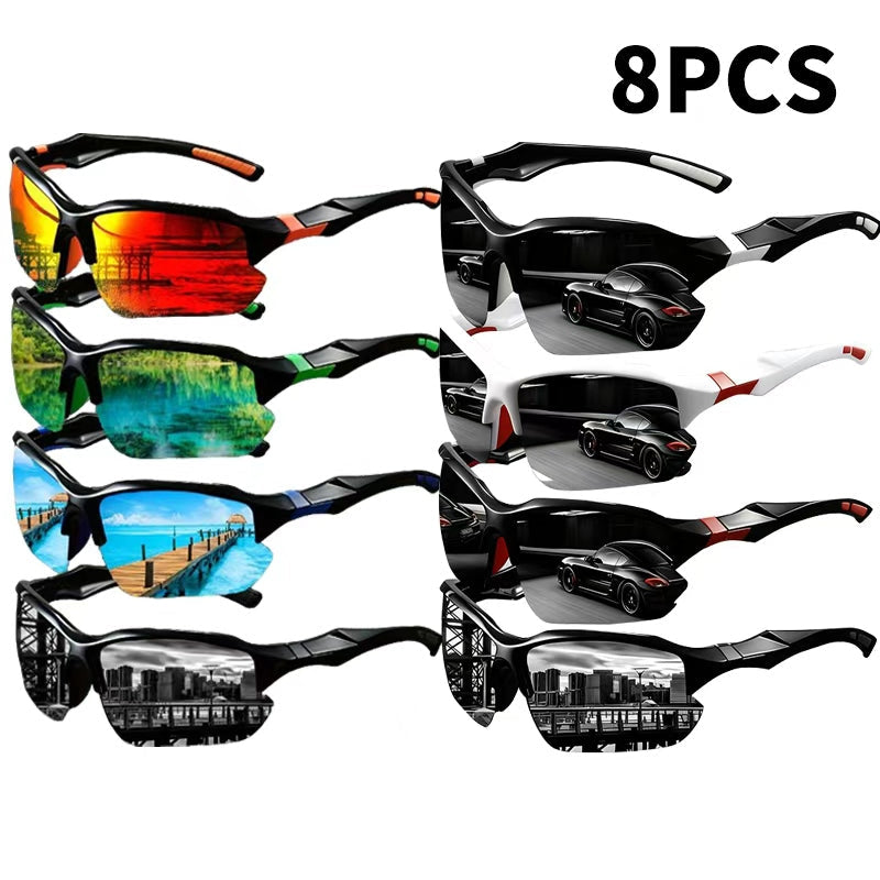 8 Pcs Men's UV Protective Sunglasses Set – Color Coating Lens Fashion Fitness Sports Eyewear for Driving Leisure Outdoor Daily Wear Bulk Pack Gift for Him Birthday Father's Day Christmas