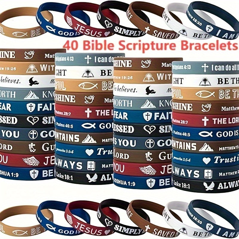 40-Pack Inspirational Bible Verse Silicone Bracelets Cute Colorful Christian Wristbands for Men Women Kids Church VBS Party Favors
