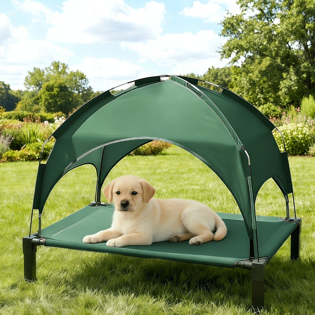 Elevated Dog Bed with Removable Canopy Shade Tent – Portable Raised Outdoor Cooling Pet Cot for Dogs & Cats, Breathable Mesh, Lightweight Foldable Design for Camping, Yard & Patio