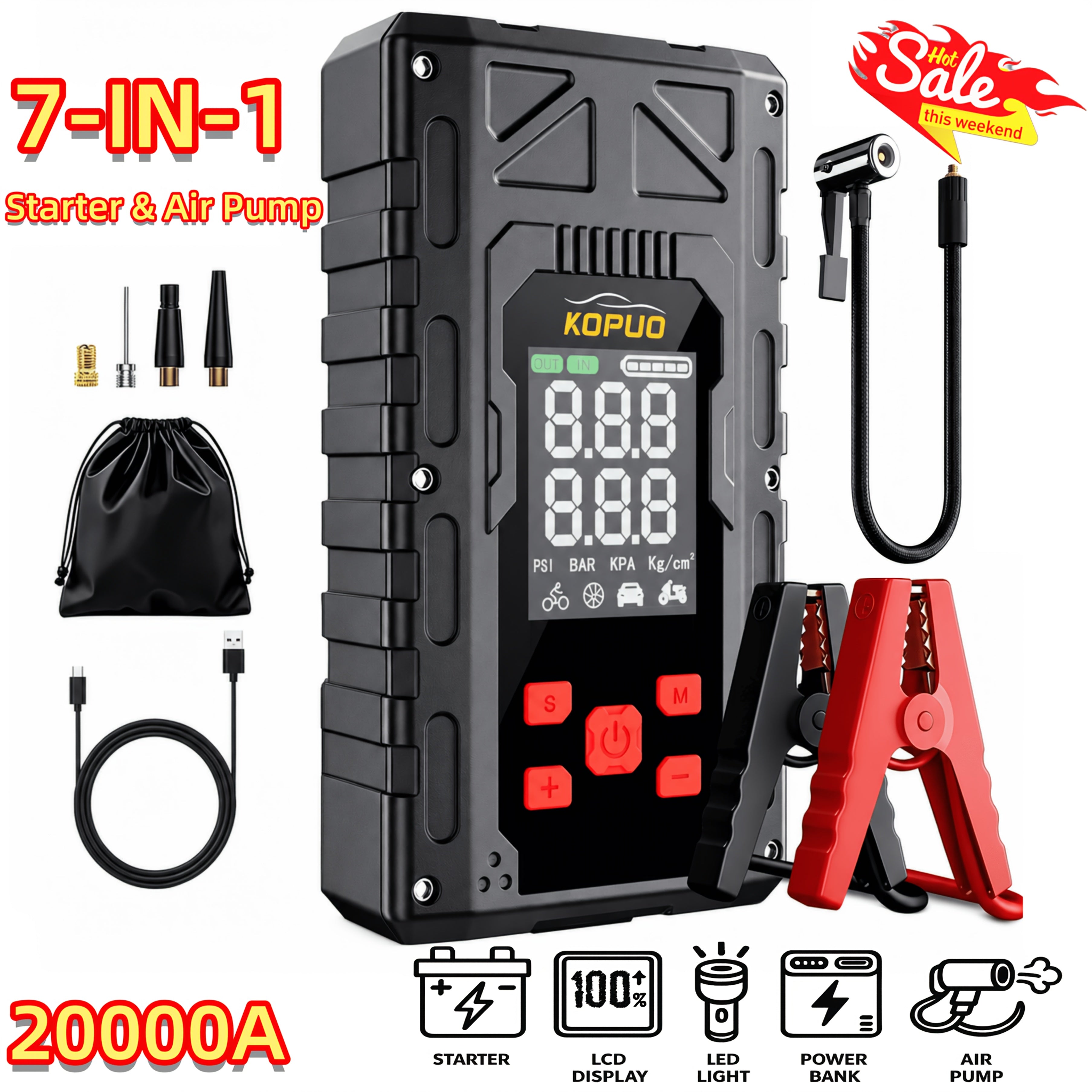 Portable Car Jump Starter with Air Compressor 20000A Peak 7 in 1 Battery Booster Pack 150PSI Tire Inflator Power Bank LED Light LCD Display Safety Hammer 12V Emergency Roadside Kit Car SUV Truck