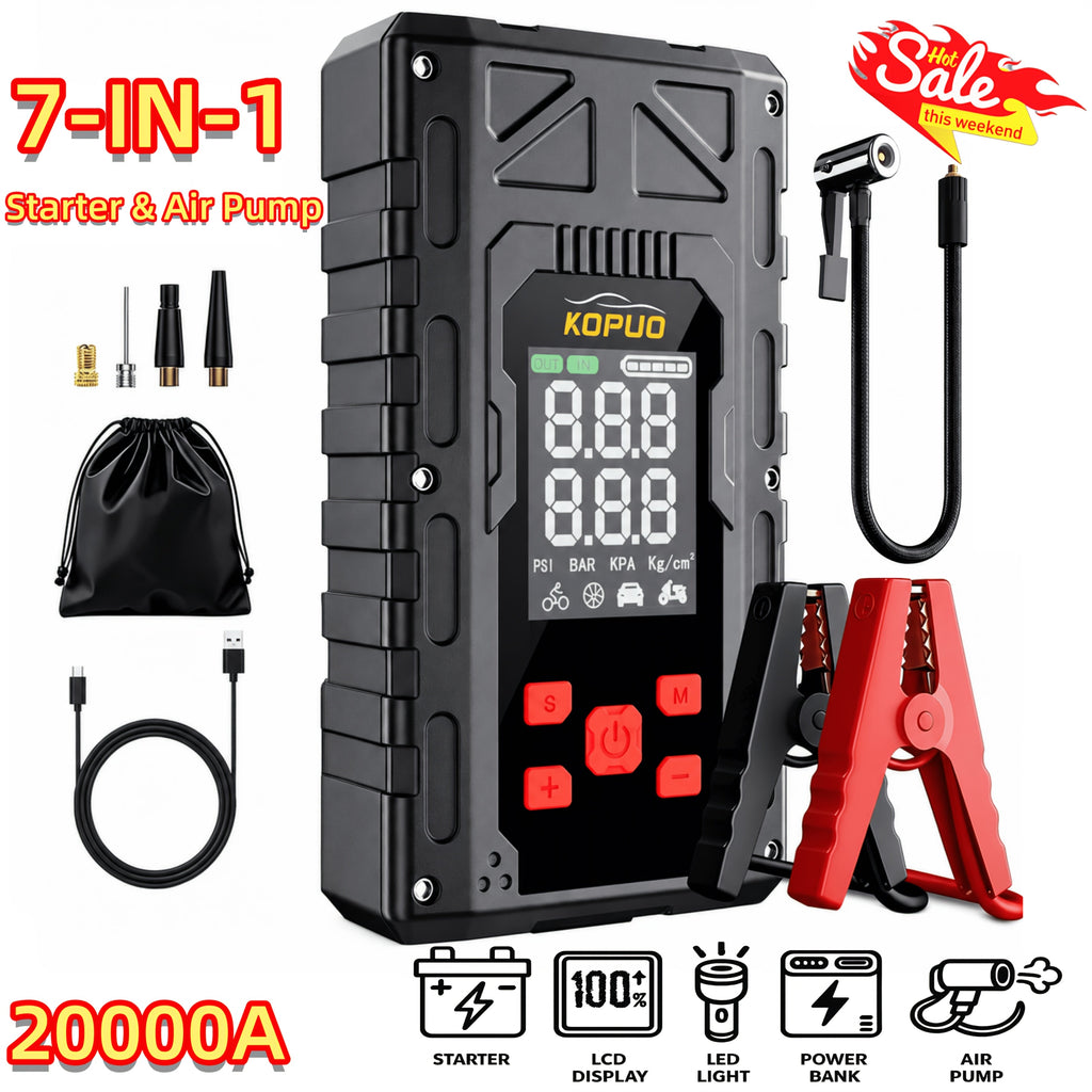 Portable Car Jump Starter with Air Compressor 20000A Peak 7 in 1 Battery Booster Pack 150PSI Tire Inflator Power Bank LED Light LCD Display Safety Hammer 12V Emergency Roadside Kit Car SUV Truck