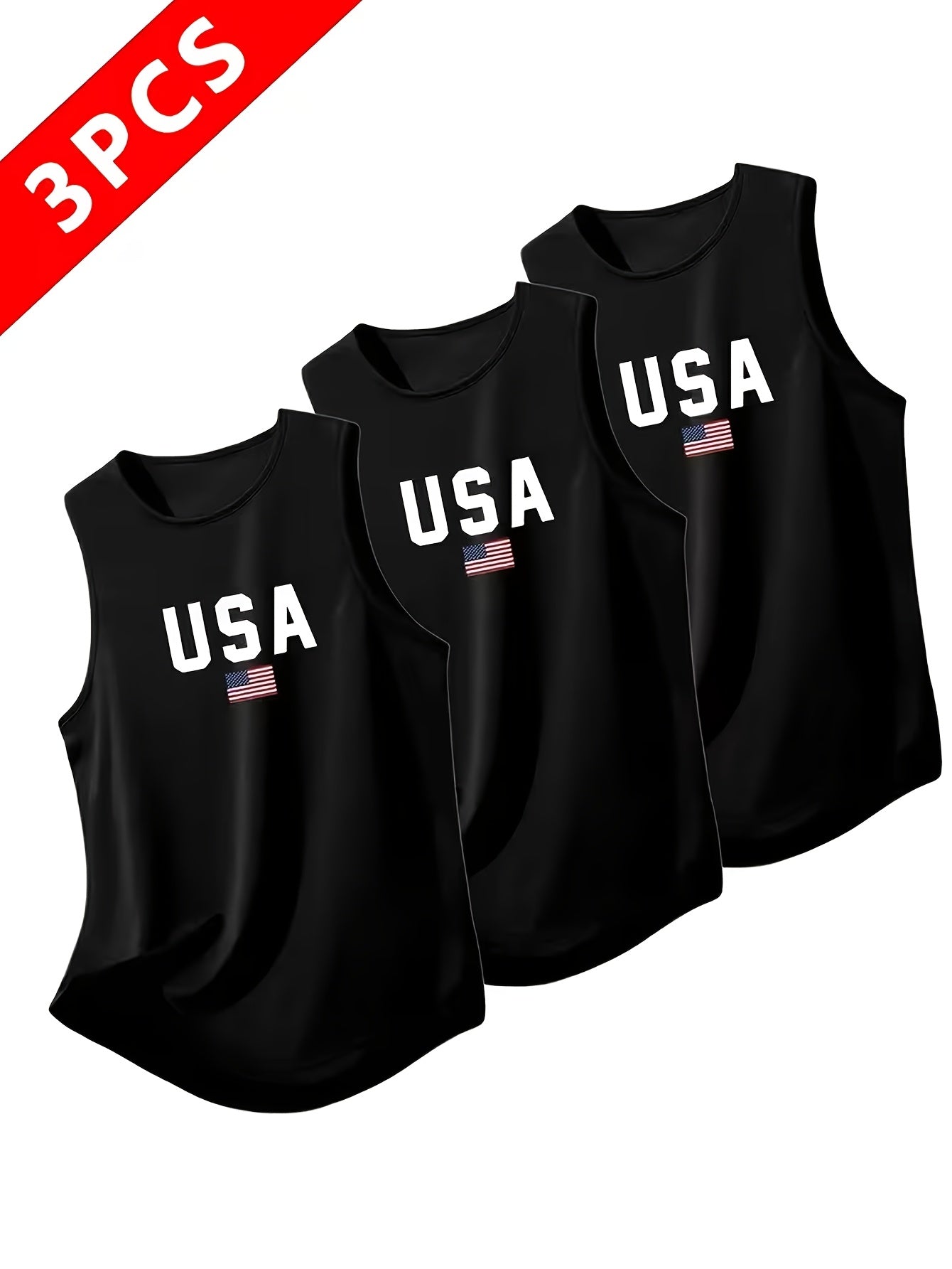 Men's Quick-Dry Moisture-Wicking Sleeveless Tank Tops 3-Pack USA Letter Print Breathable Athletic Vest for Gym, Running & Training - Black, White, Gray