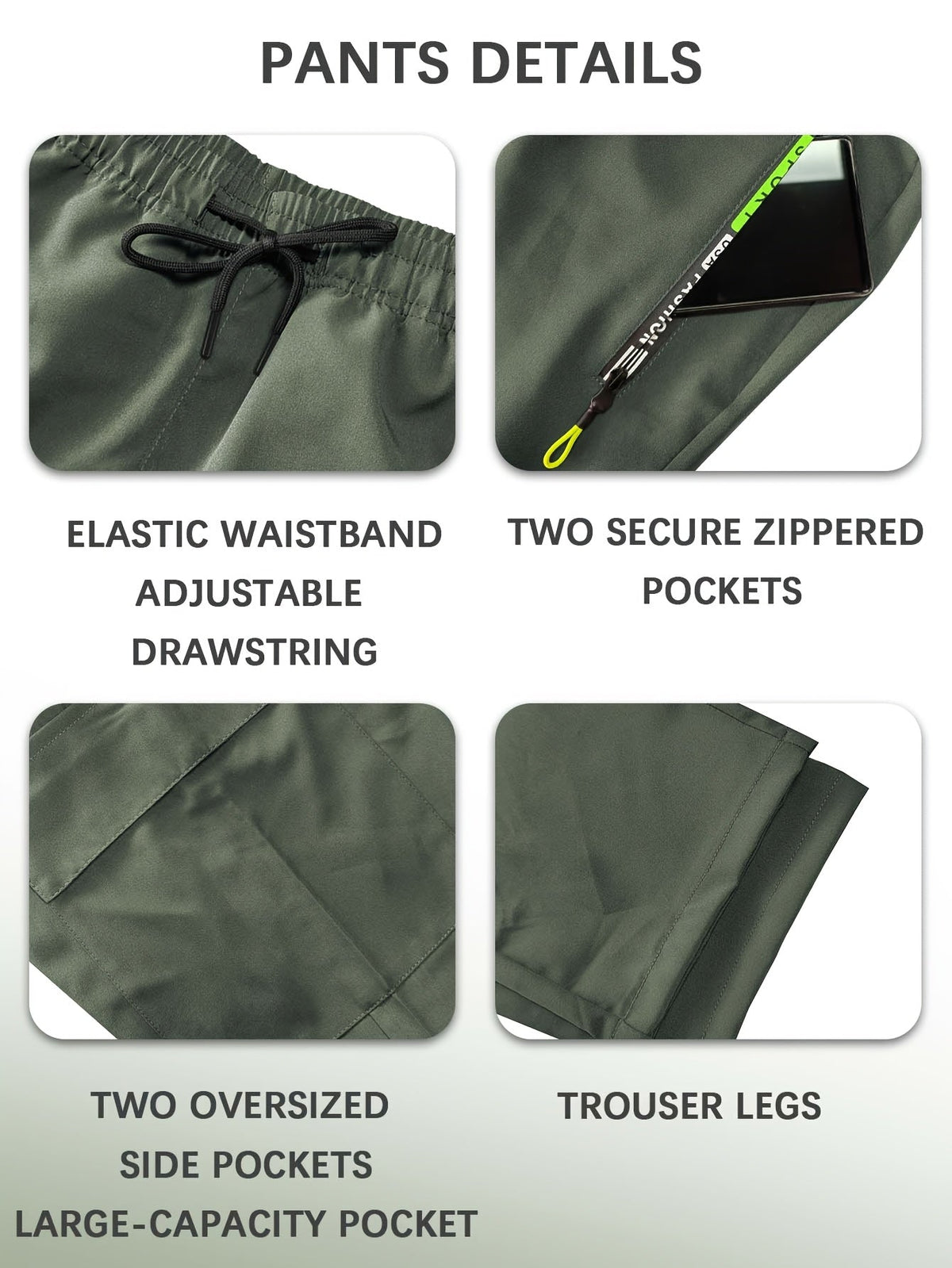Multi-Pocket Cargo Pants Women Neon Green Zipper Accents Drawstring Waist Full-Length Outdoor Travel Trousers 4 Colors XS-XXL Streetwear