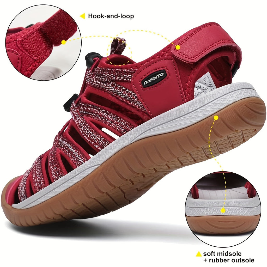 Women's Closed Toe Hiking Sandals, Lightweight Non-Slip Water Sandals with Adjustable Bungee Lace & Hook-Loop Strap, Breathable Athletic Sport Outdoor Shoes for Beach Camping Fishing Travel Walking