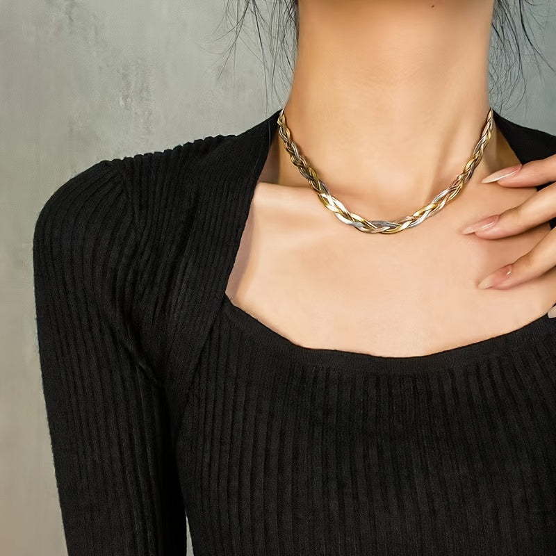 2-Piece Gold Stainless Steel Necklace Bracelet Set Women – Gold-Plated Tri-Color Hand-Woven French Minimalist Retro Style Daily Wear Holiday Party Gift