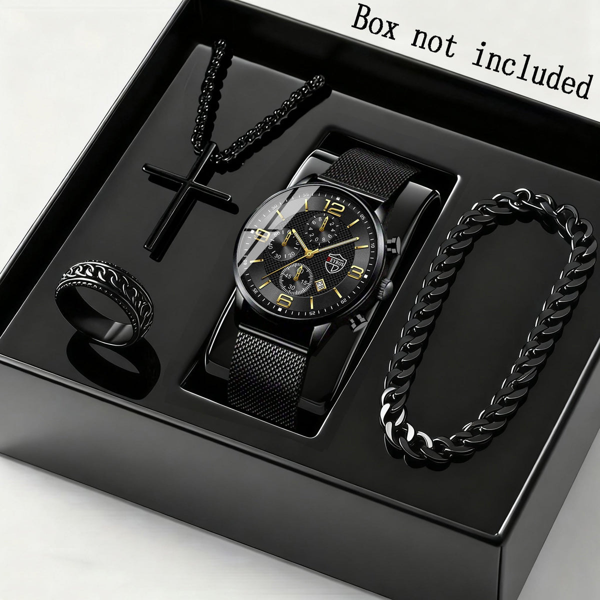 Men's Quartz Watch & Bracelet Jewelry Set 4pcs – Stainless Steel Date Display Casual Business Wristwatch with Bracelet & Necklace, Elegant Gift Set for Men