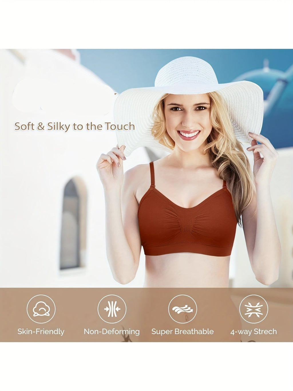 V-Neck Padded Bralette Cami Bra 4 Pack – Wireless Tank Top Sports Bra with Adjustable Straps for Women, Soft Padded Everyday Bralette Set, Sizes S-XL, Colors Rust, Beige, Green, Blue