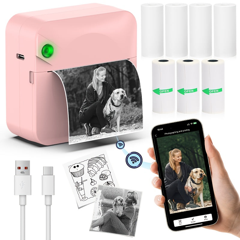Mini Wireless Thermal Sticker Printer Inkless Portable Bluetooth Pocket Printer for Photos Diaries Notes Memos Labels Receipts Includes 1 Roll Thermal Paper Gift for Students Journalers