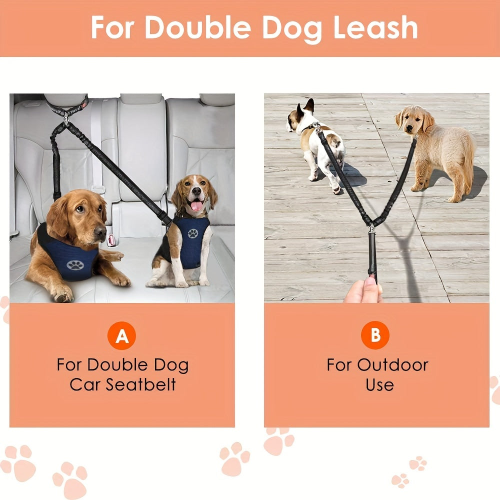Dual Dog Car Seat Belt 2 Dogs Simultaneously No-Tangle Adjustable Bungee Headrest Clip Pet Safety Harness Small Medium Large Dogs Travel Black Red Rose Red