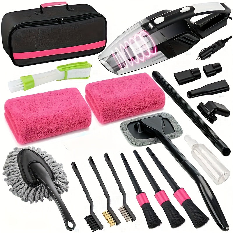 Car Wash Detailing Kit 19 or 41 Piece with Handheld Vacuum Collapsible Bucket Windshield Tool Tire Brush Snow Shovel Cleaning Gel Complete Car Care Set Yellow Pink