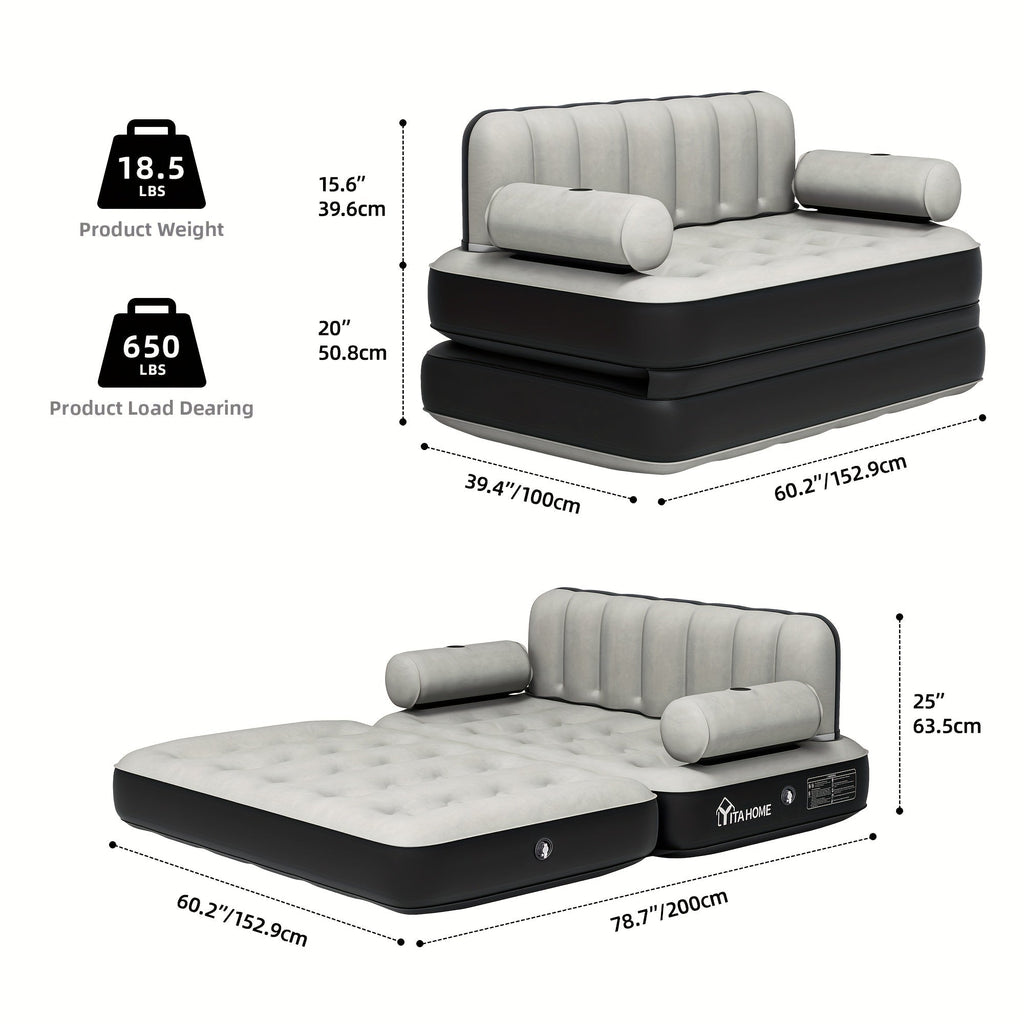 Inflatable Air Sofa Bed 2-in-1 Queen Size – Portable Blow Up Couch & Airbed with Headboard, Cup Holders, External Pump & Storage Bag, 440 lb Capacity for Home, Camping, Guests & Dorms