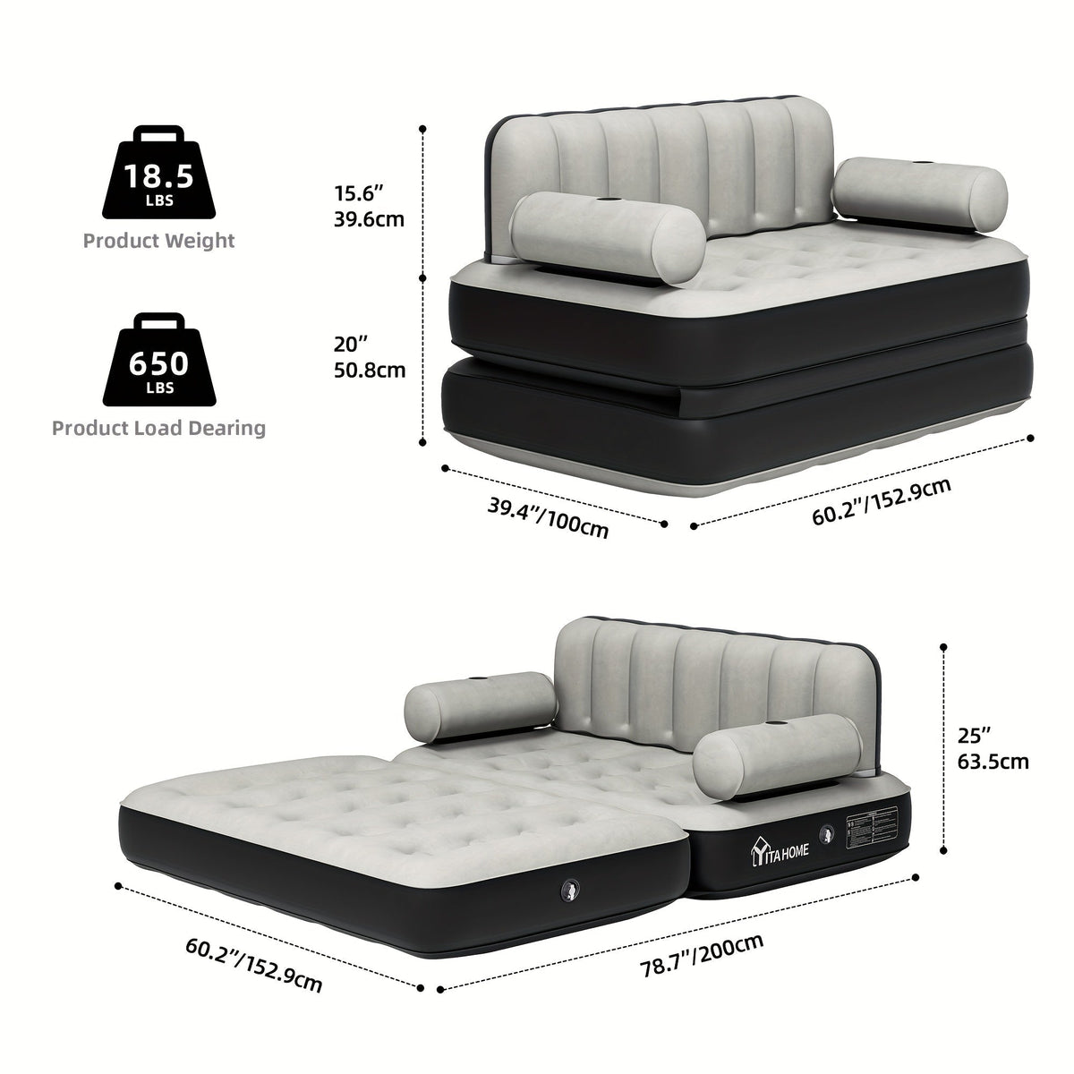 Inflatable Air Sofa Bed 2-in-1 Queen Size – Portable Blow Up Couch & Airbed with Headboard, Cup Holders, External Pump & Storage Bag, 440 lb Capacity for Home, Camping, Guests & Dorms