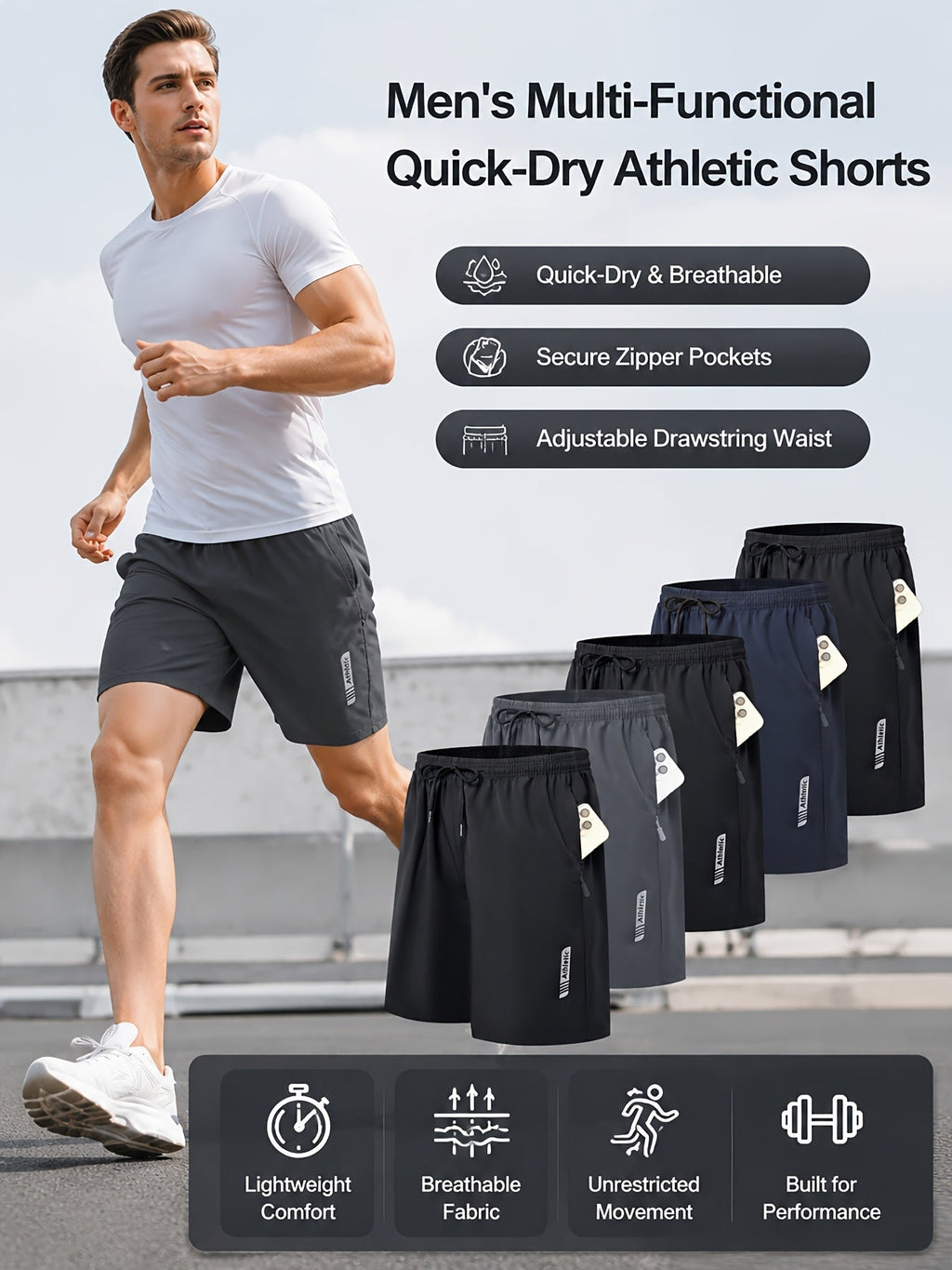 Men's Athletic Shorts 5-Pack Quick-Dry with Side Zip Pocket – 95% Polyester Stretch Waistband Gym Workout Basketball Running Hiking Activewear, Sizes S–XXL Mix Colors