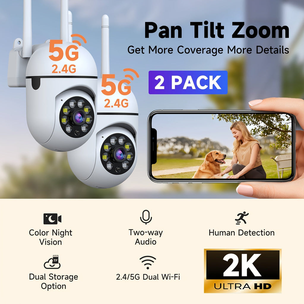 2-Pack 2K QHD WiFi Security Camera PTZ 355° Pan – Dual-Band 2.4G/5G AI Motion Detection & Tracking Color Night Vision Two-Way Audio Cloud & SD Storage Baby Pet Monitor Indoor Home Surveillance