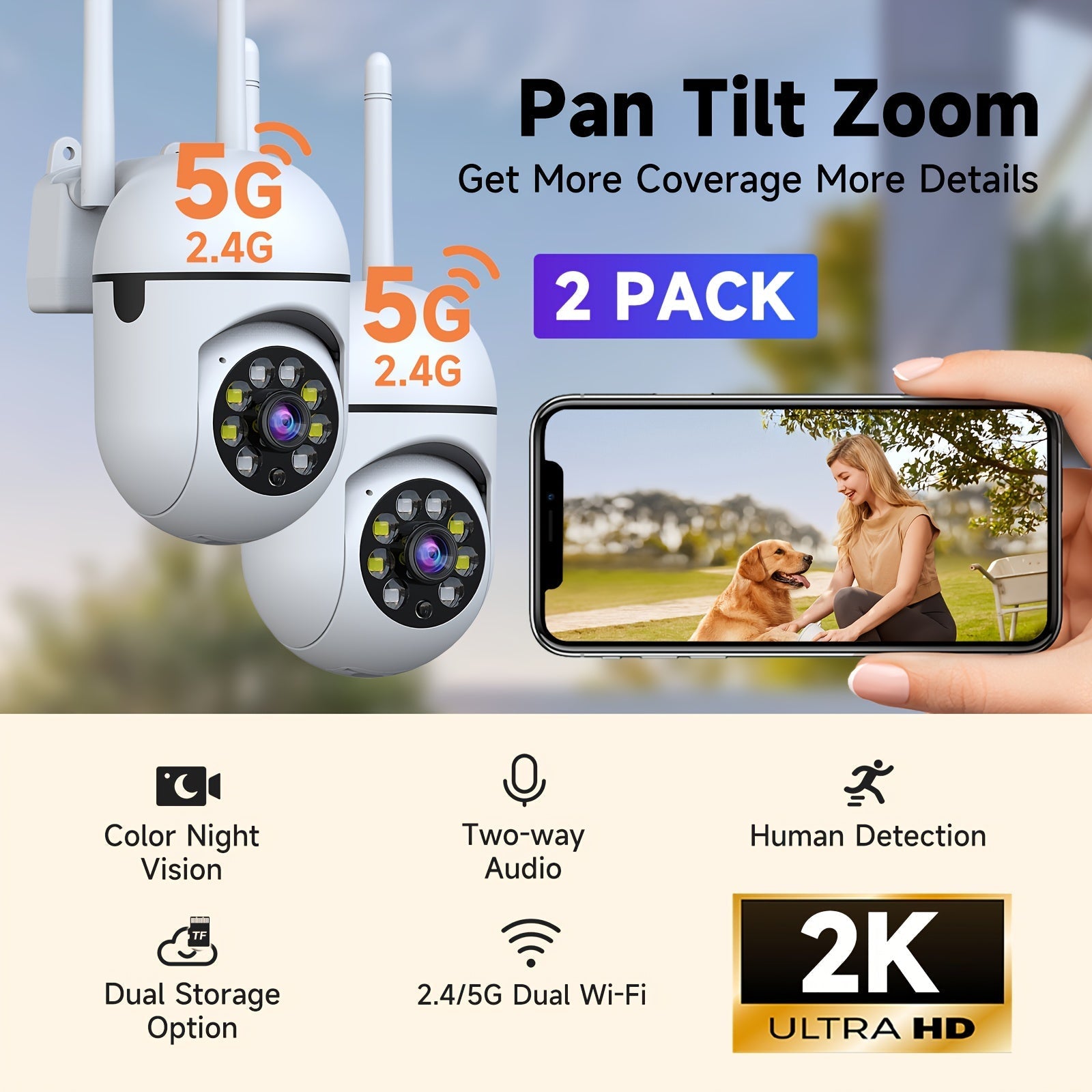 2-Pack 2K QHD WiFi Security Camera PTZ 355° Pan – Dual-Band 2.4G/5G AI Motion Detection & Tracking Color Night Vision Two-Way Audio Cloud & SD Storage Baby Pet Monitor Indoor Home Surveillance