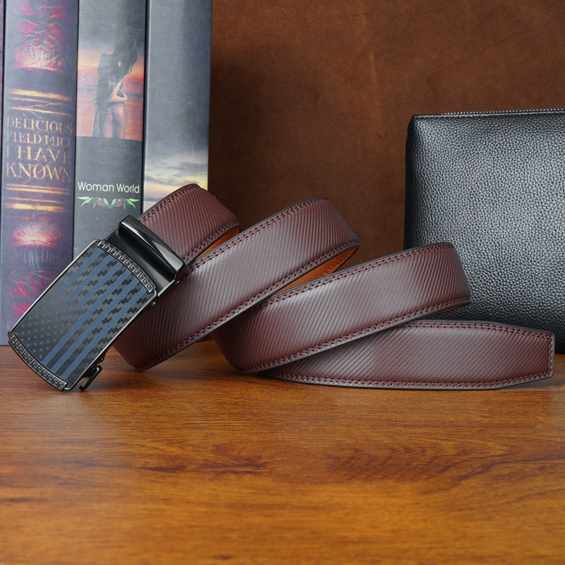 Set of 2 Men's Split Leather Ratchet Belts – American Flag Design with Automatic Slide Alloy Buckle, Adjustable Golf & Casual Dress Belts in Black & Brown, Sizes 110cm to 130cm (Waist 30"-44")