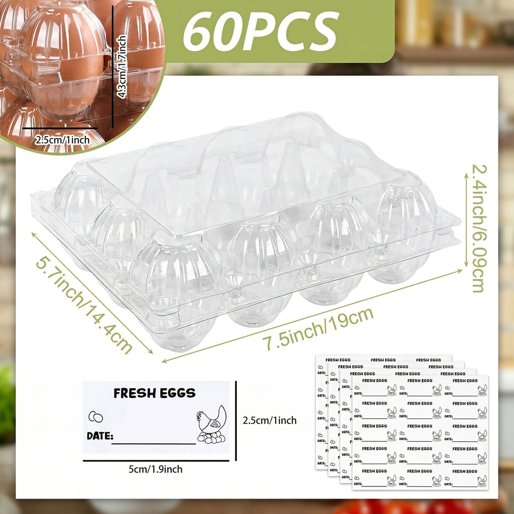 60-Pack Clear Plastic Egg Cartons 12-Cavity with Label Stickers – Bulk PET Egg Boxes for Home Kitchen, Ranch, Chicken Farm, Farmers Market & Refrigerator Storage, Holds Standard Dozen Eggs