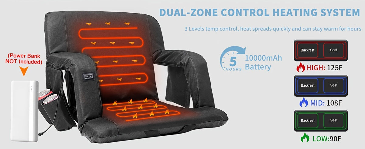 LILYPELLE Double Heated Stadium Seat with Back & Arm Support – Portable Bleacher Seat with 6 Reclining Positions, USB Heated Cushion for Sports Events, Outdoor Games, Travel & Hiking (Power Bank Not Included)