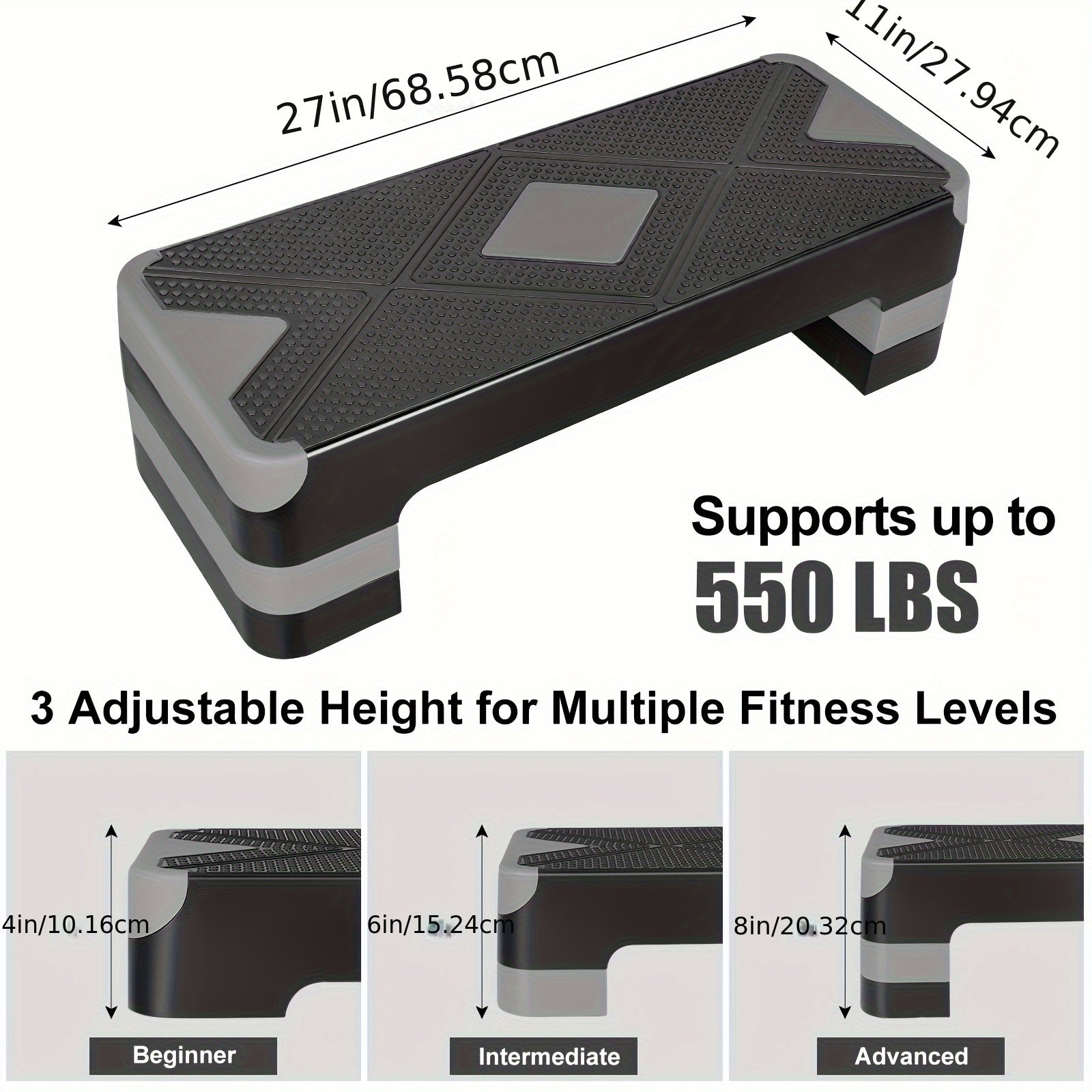 Adjustable Aerobic Step Platform – 3 Height Settings (4"/6"/8"), Non-Slip Workout Stepper for Home Gym Cardio Training, Step Aerobics Exercise Board (6 Colors)