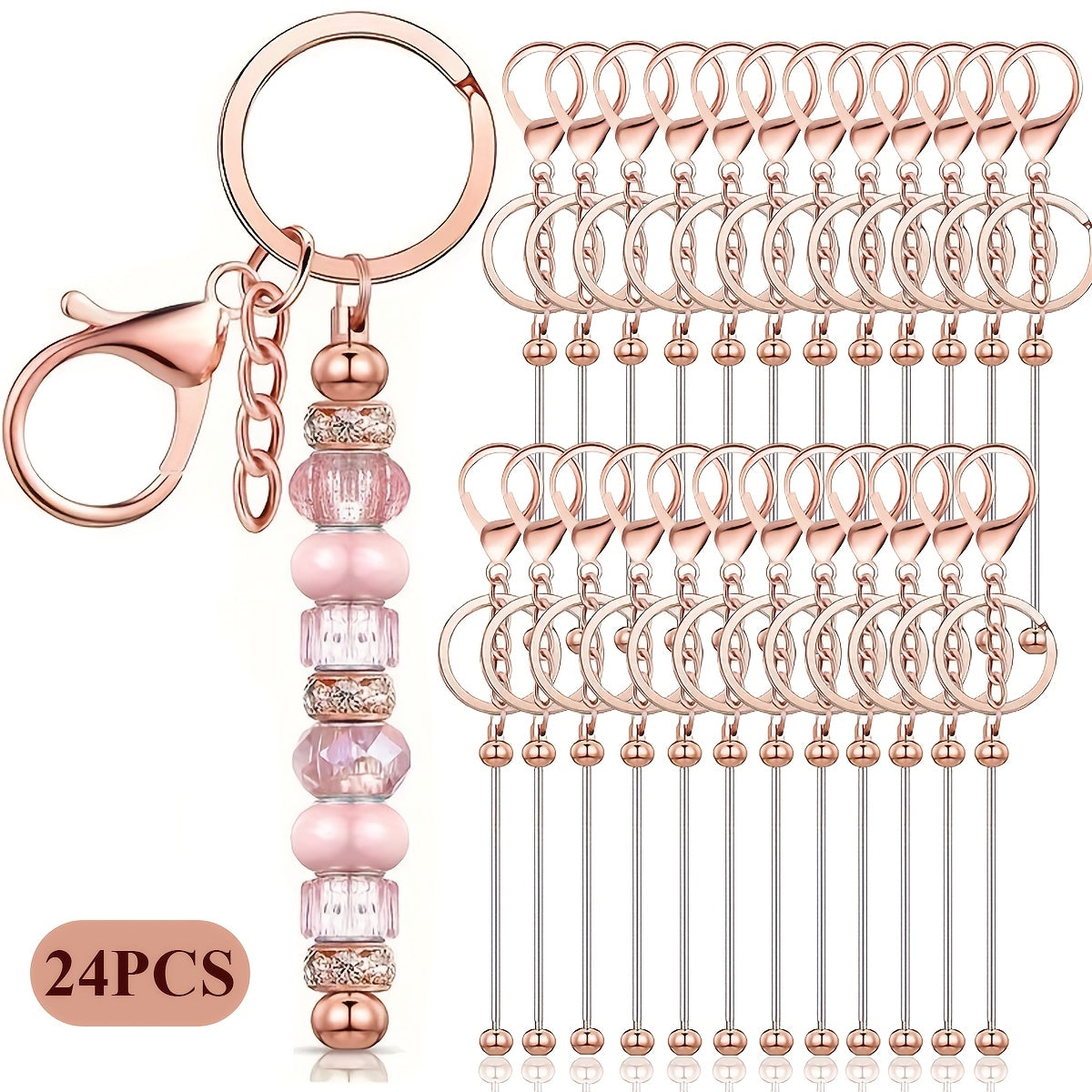 Beadable Keychain Blanks Stainless Steel DIY Kit 12 & 24pcs – Metal Keyring Pendants Gold Silver Rose Gold for Crafting, Christmas Halloween Party Favors & Handmade Gift Making