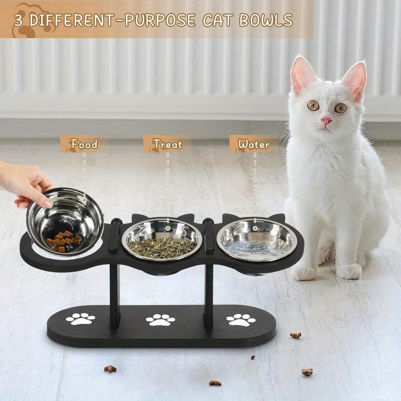 Elevated Cat Bowl Stand 15 Degree Tilted Stainless Steel Bowls Raised Feeder Cats Small Dogs Anti-Spill Black Wooden Base Set of 2 or 3 Bowls Food Water Ergonomic Posture