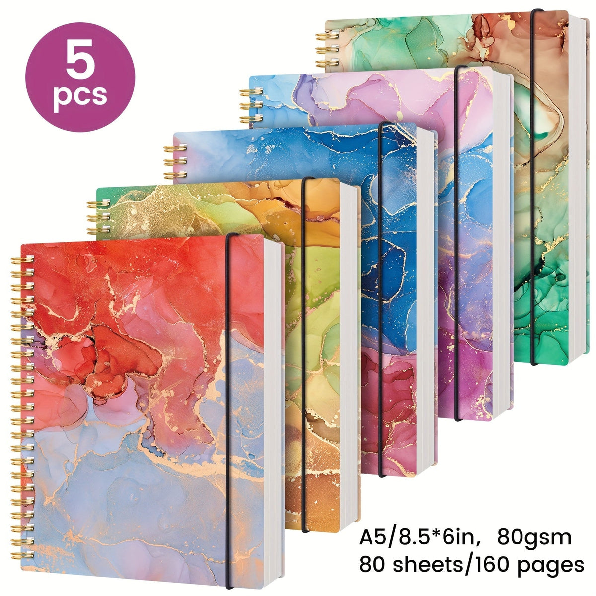 5-Pack Marble Hardcover Spiral Notebook A5 400 Sheets No-Bleed Thick Paper Journal Set for School Work Journaling Bullet Journal Planning Back to School Teacher Appreciation Gift
