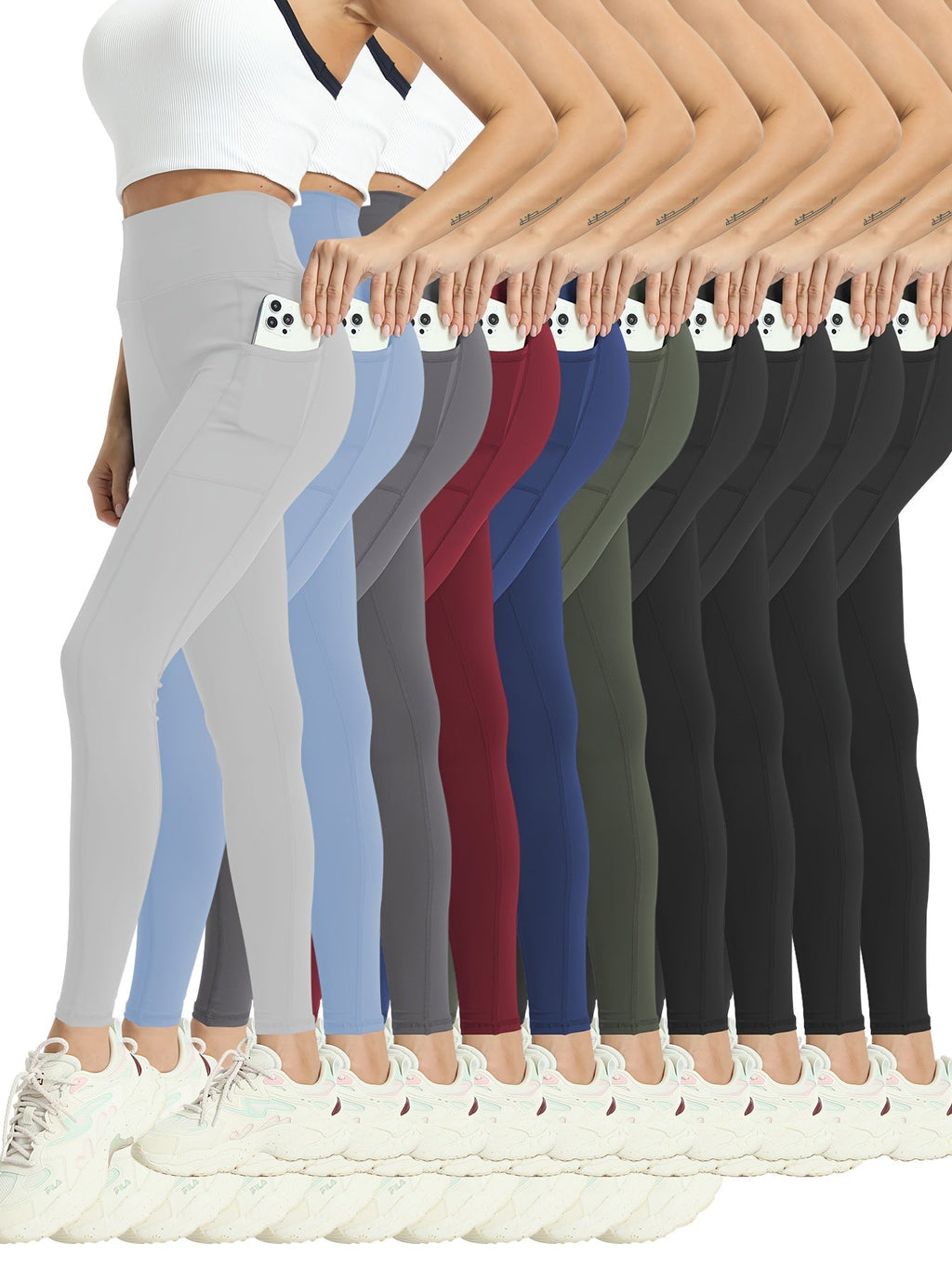 Women's High-Waisted Yoga Leggings 10-Pack Buttery Soft Stretch Full-Length Workout Pants with Pockets – Running Gym Athletic Wear S-XXL