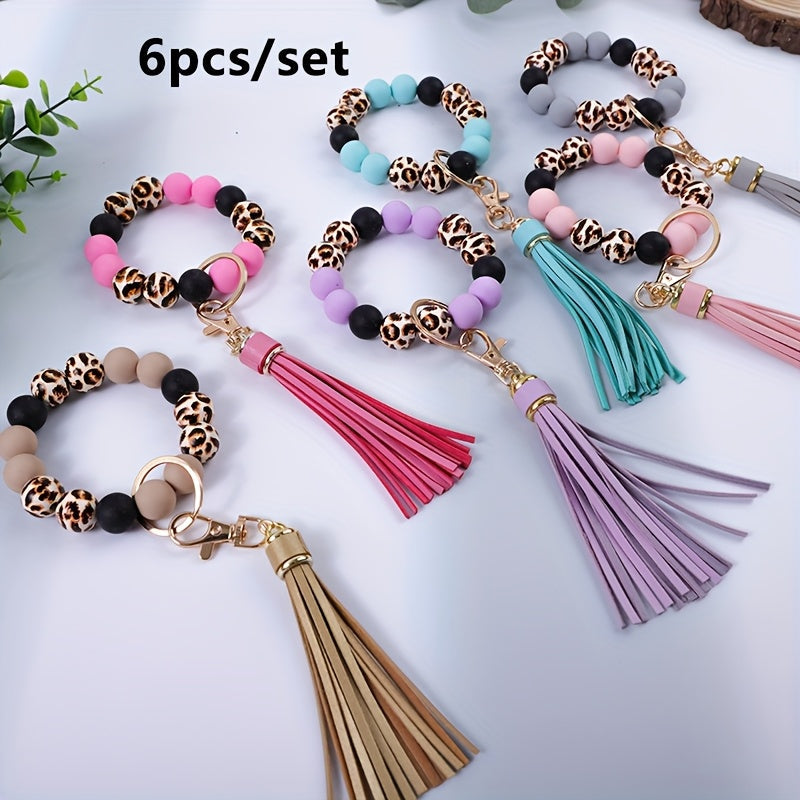 6Pcs Leopard Print Wooden Bead Keychain Set with Tassel & Silicone Beads – Wrist Key Ring Gift for Mom, Friends & Holiday Occasions
