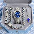 Cuban Link Hip Hop Jewelry Set for Men & Women – Necklace Pendant Bracelet & Blue Dial Watch, Unisex Streetwear Bling, Gold & Silver Tone, Party Daily Gift