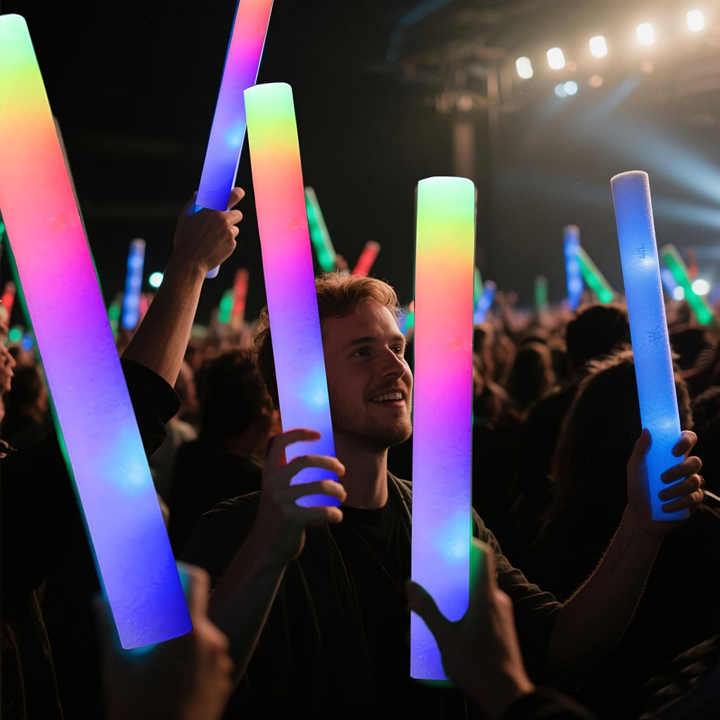 LED Foam Light Sticks Bulk Pack 28 48 or 100 Pieces – 3-Mode Color Changing Flashing Glow Sticks for Glow Parties Weddings Concerts Birthdays Halloween Christmas Camping Cheering Events – Safe for Kids Adults