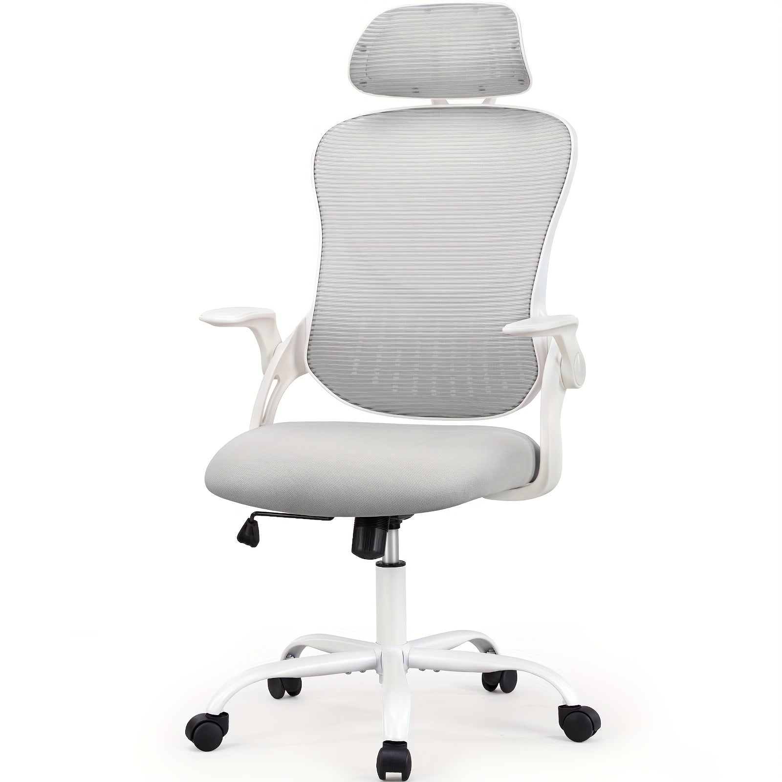Ergonomic High Back Mesh Office Chair with Adjustable Headrest, Lumbar Support & Flip-Up Armrests – Stainless Steel Frame, Padded Seat, 5-Wheel Rolling Base – Home Office, Lab & Desk Chair (Black/Gray)