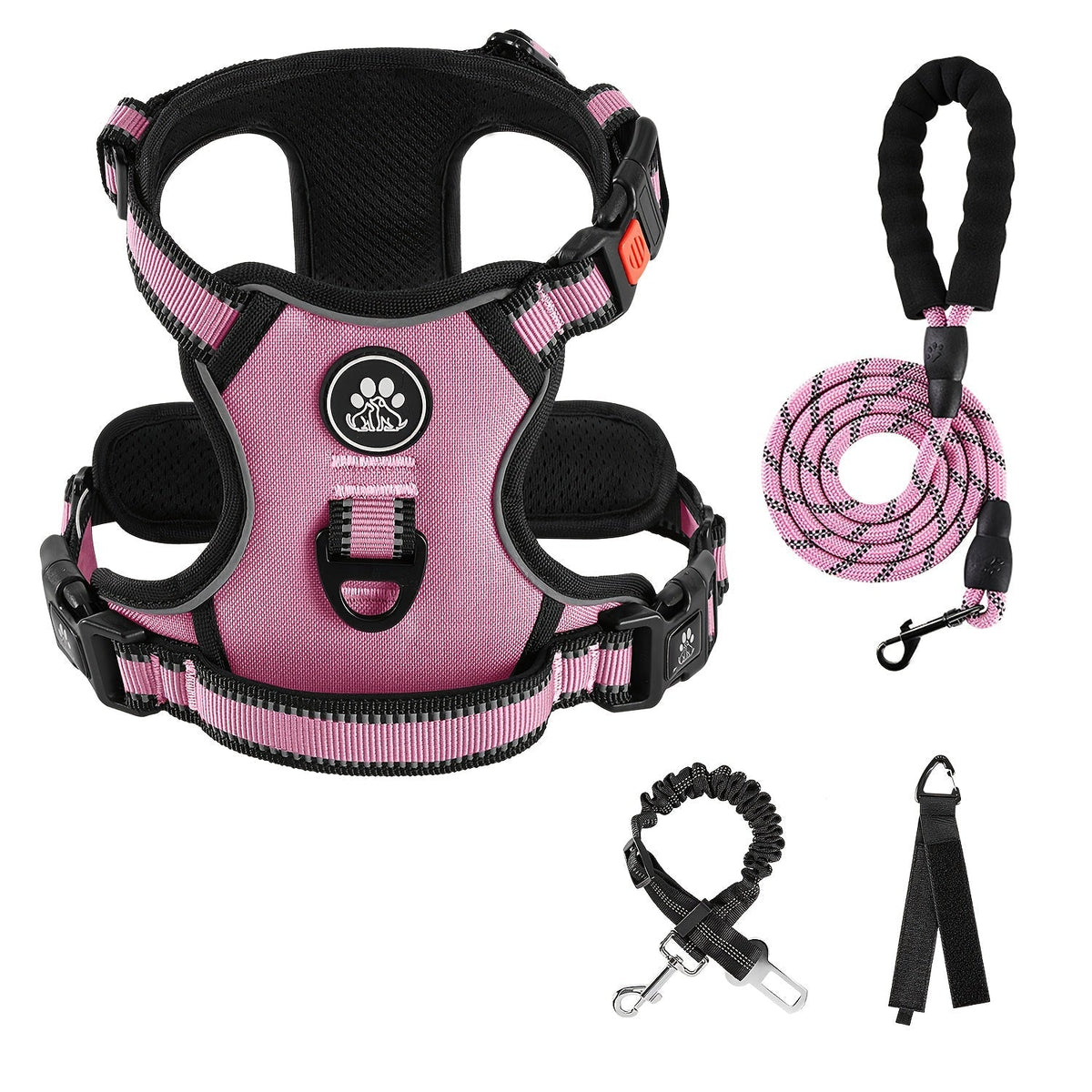 No Pull Dog Harness Set with Leash Retractable Seatbelt Collar Storage Strap Fully Reflective Breathable Mesh Adjustable Vest Harness Front Back Clip Handle XS to XL 8 Colors