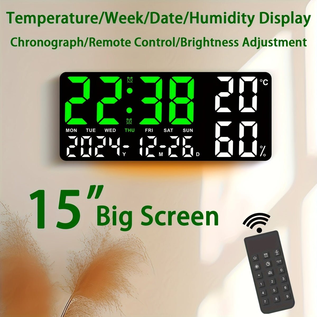 Large Screen LED Alarm Clock with Auto-Dimming Remote Control – 15 Inch Digital Clock Displays Time, Date, Week, Temperature & Humidity – Bedroom Bedside Clock for Seniors, Living Room, Office Desk