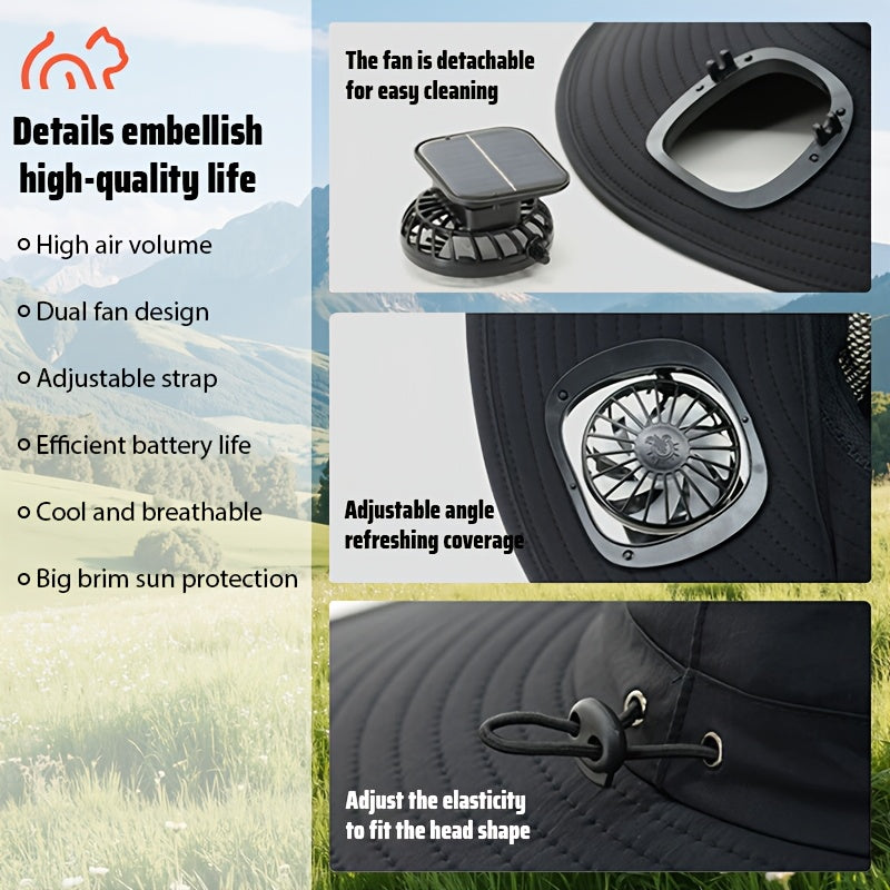 Solar Fan Hat with Dual Fans & USB Charging for Men & Women – Wide Brim Cooling Cap with Long Battery Life for Camping, Hiking, Fishing, Gardening & Outdoor Work | Black, Dark Gray & Khaki