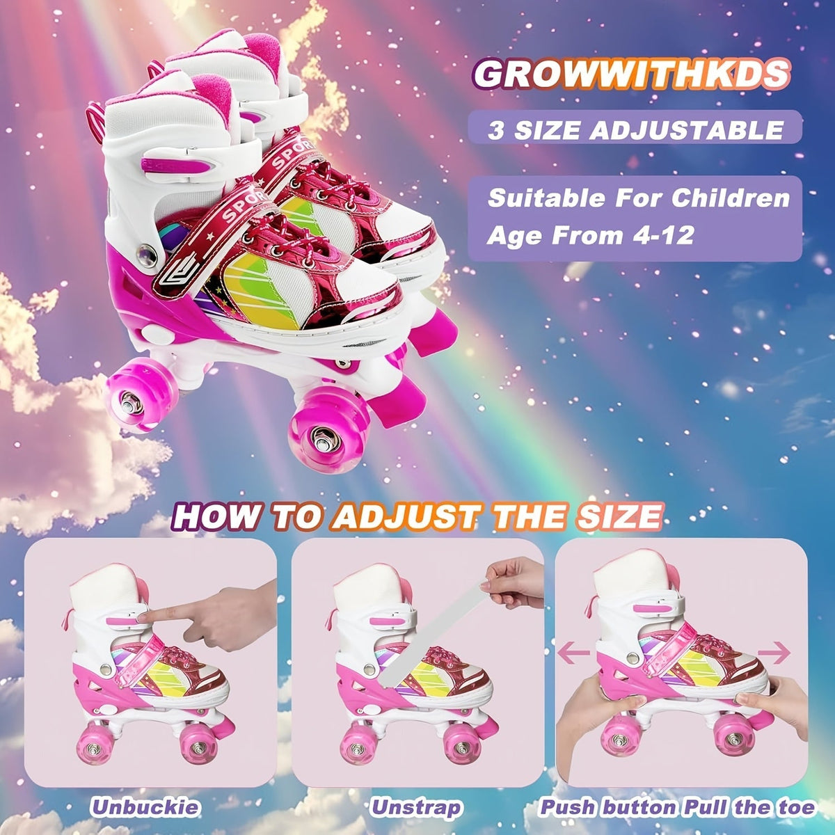 Kids Adjustable Roller Skates 3 Fit Levels Breathable Mesh – Beginner Children Skates in 6 Colors Lavender Purple Dusty Rose Powder Blue for Boys Girls Little Kid to Youth Sizes