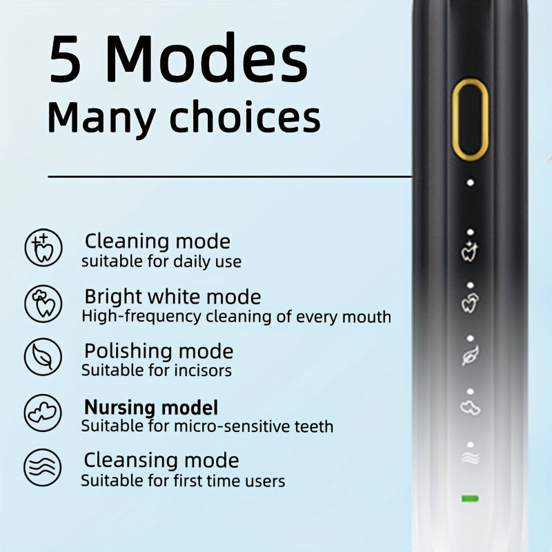 Sonic Electric Toothbrush IPX8 Waterproof USB Rechargeable 5 Replacement Brush Heads Smart 2-Minute Timer Metal Shaft Adults Men Women Couple Oral Care Black Pink Green