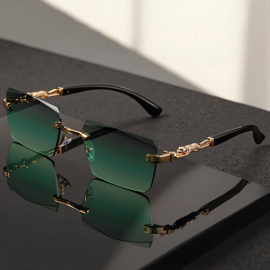 Unisex Rimless Leopard Sunglasses - UV400 Narrow Rectangular Frameless Shades in Black & Gold, Premium Fashion Eyewear for Men & Women, Includes Case & Cloth, Great for Parties Travel & Festivals