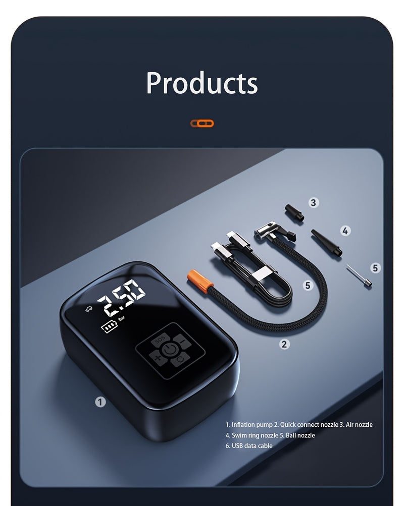 Portable Cordless Tire Inflator 150PSI Digital Display USB-C Rechargeable 4000mAh 100W Fast Inflation 5 Preset Modes LED Light for Car Motorcycle Bike Ball Auto Stop 4 Colors