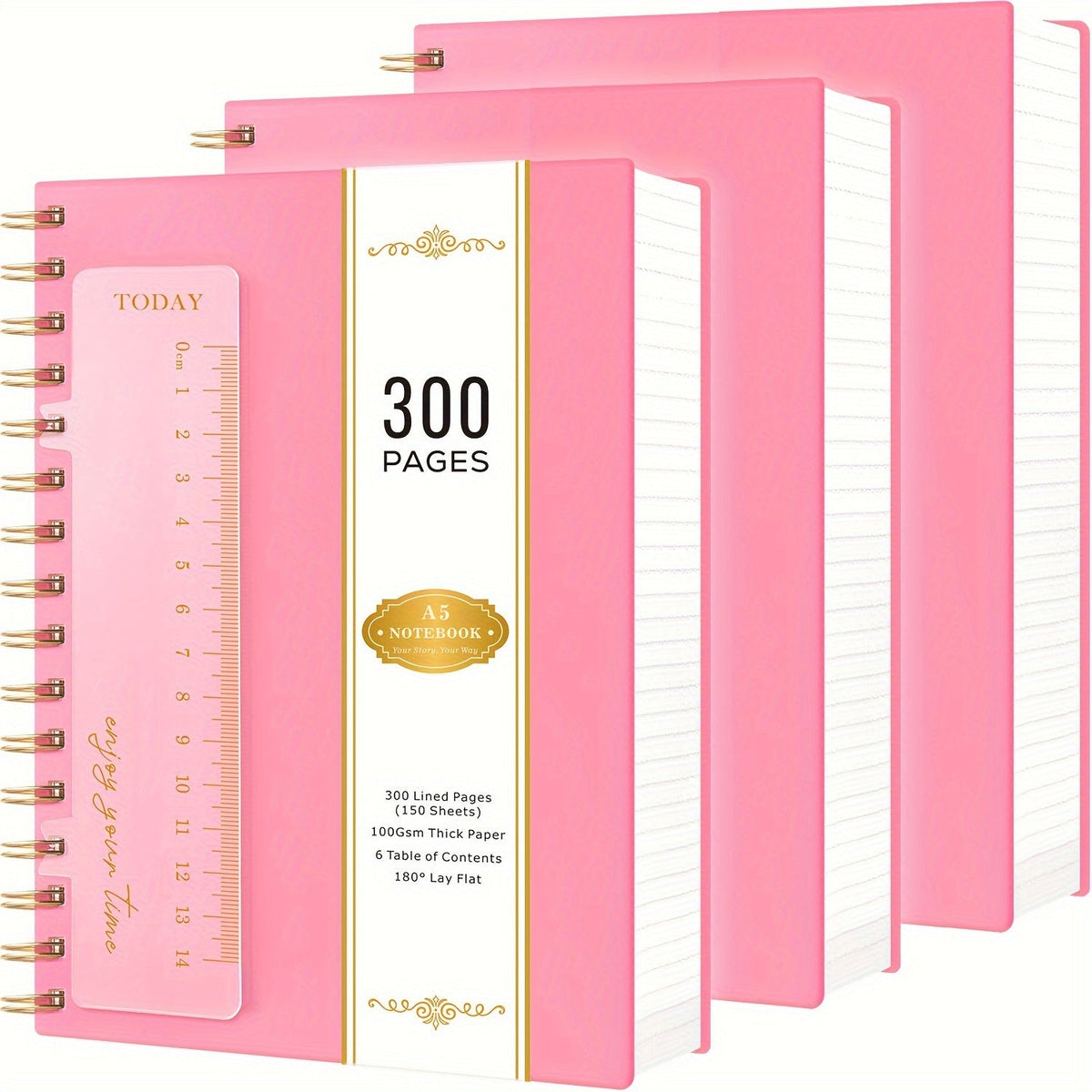 Spiral Notebook 3 Pack A5 Hardcover College Ruled 300 Pages 100GSM Thick Paper PVC Cover Notepad Set for Women Girls Students School Office Journaling 5.7x8.4 with Built-In Ruler