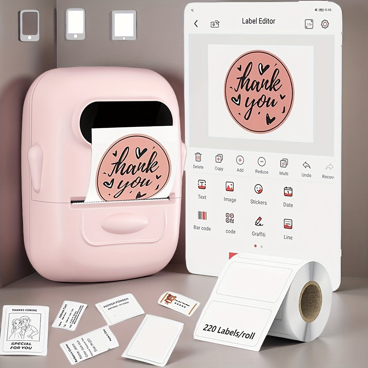 Bluetooth Wireless Thermal Label Maker – No Ink Required, Multiple Templates, Portable Label Printer for Home Office School Storage Organization, Pink White Blue