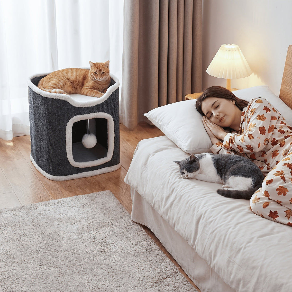 Multi-Level Foldable Cat Tree Tower for Indoor Cats Scratching Post Cozy Perch Cat Condo with Hanging Toy Ball & Hideaway – Soft Bed, 1/3/4 Tier Options, Light Gray Dark Blue Camel