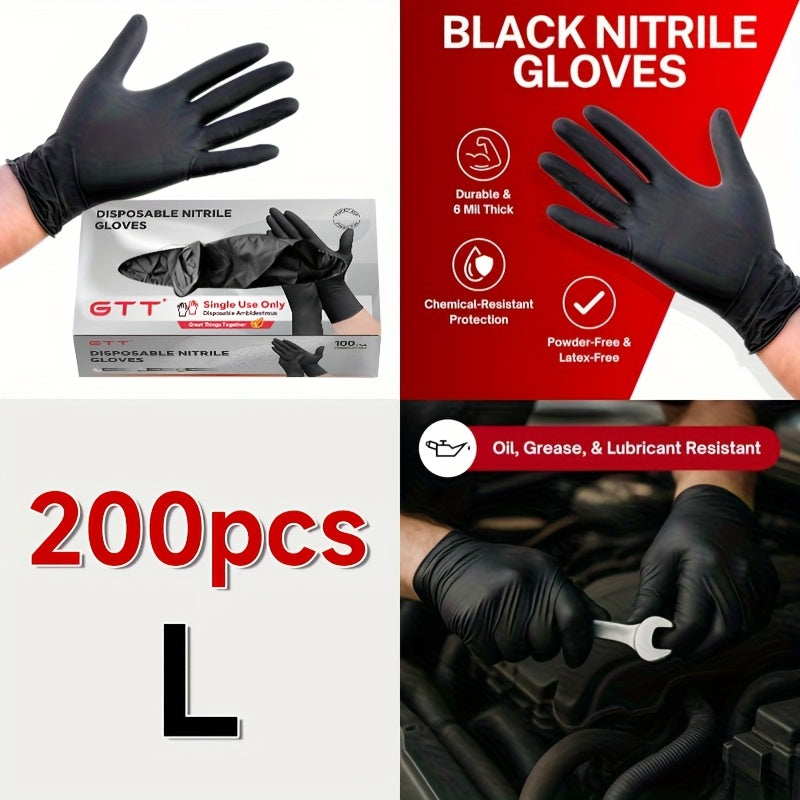 Black Nitrile Disposable Gloves 200 Count – 6 Mil Thick, Latex-Free, Powder-Free, Chemical Resistant, Flexible Form-Fitting, S/M/L/XL for Mechanic, Maintenance, Cleaning, Food Service & Medical Use